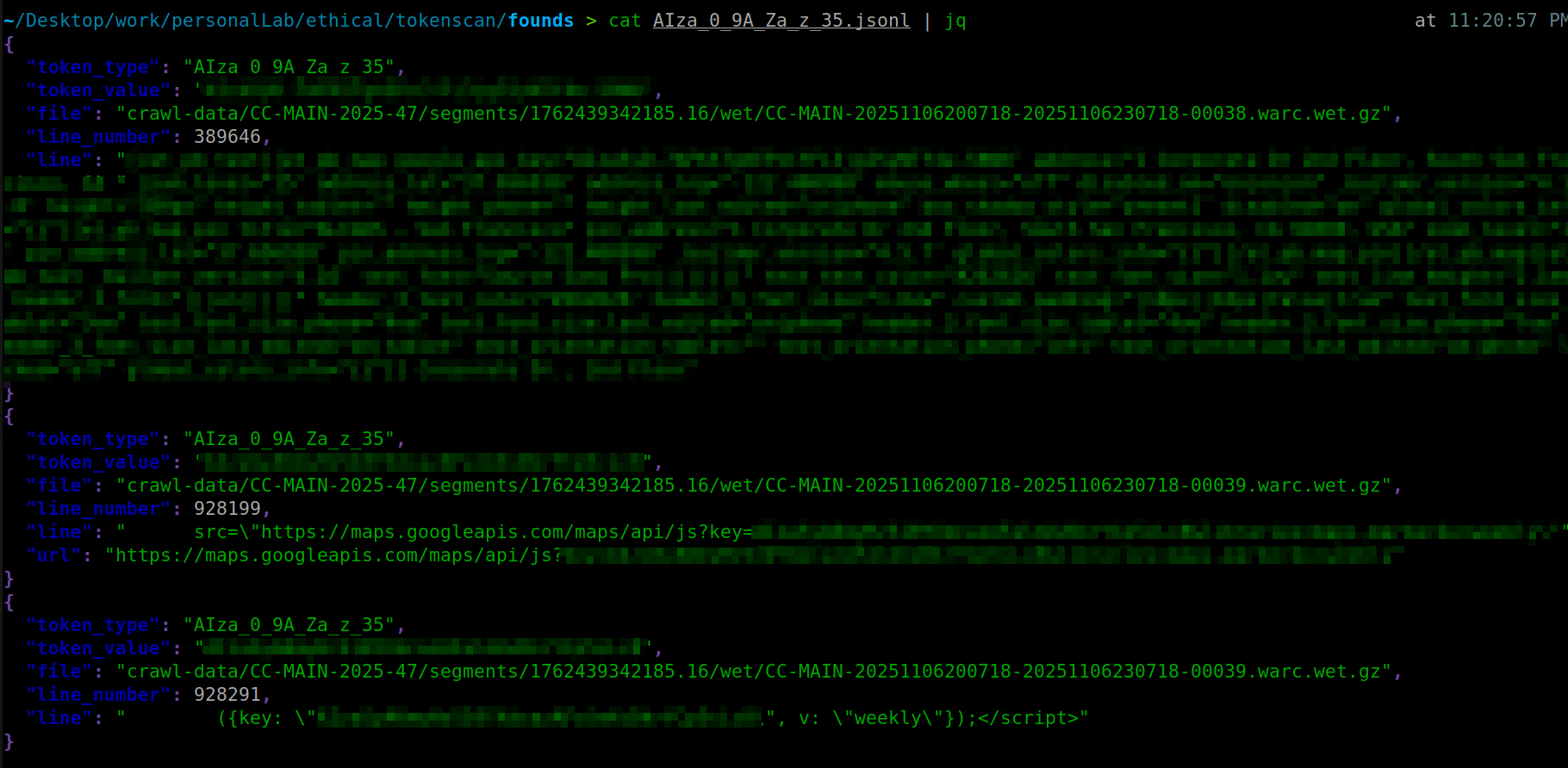 Found tokens (redacted) — showcase