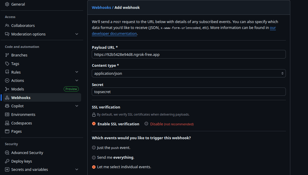 GitHub webhook configuration