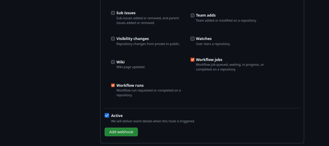 GitHub webhook events selection