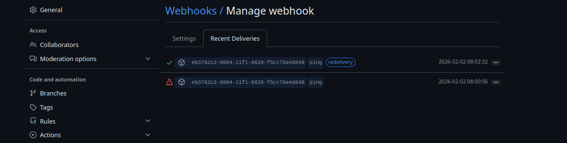 GitHub webhook test delivery