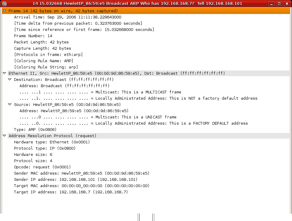 A Wireshark packet capture of an ARP request, showing a broadcast destination MAC of all f's and the question who has 192.168.168.7.