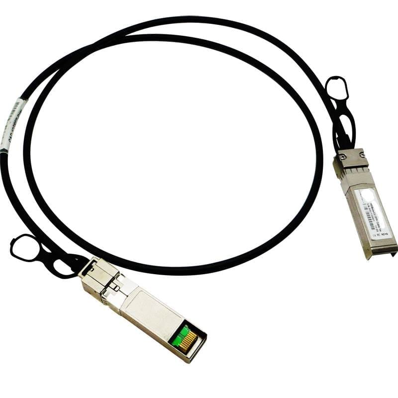 A black direct attach copper cable coiled in a loop, with a metal SFP form factor transceiver body permanently attached at each end, each having a pull tab release.