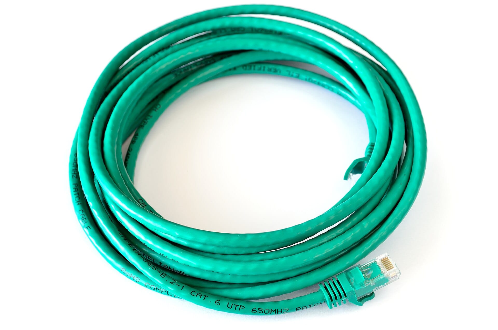 Close up of a green Ethernet patch cable with a transparent 8P8C modular connector, showing the eight individually coloured copper wires arranged inside the plug.