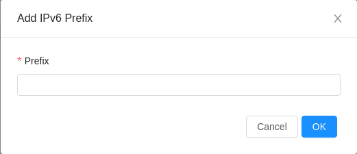 CloudStack Add IPv6 Prefix dialog with a single required Prefix field and Cancel and OK buttons.
