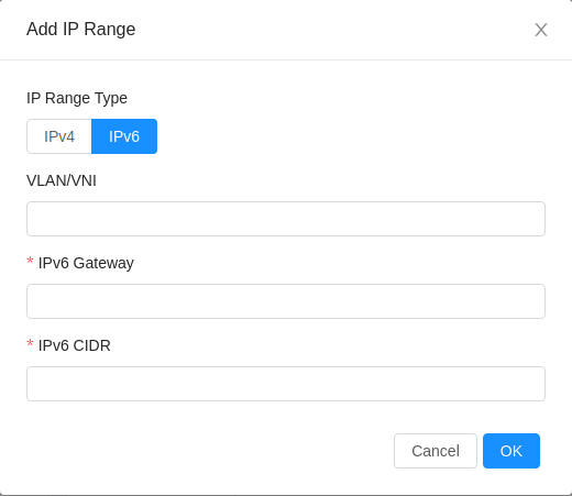 CloudStack Add IP range dialog with IPv6 selected as the IP range type, showing fields for IPv6 gateway and CIDR and an optional VLAN or VNI field.