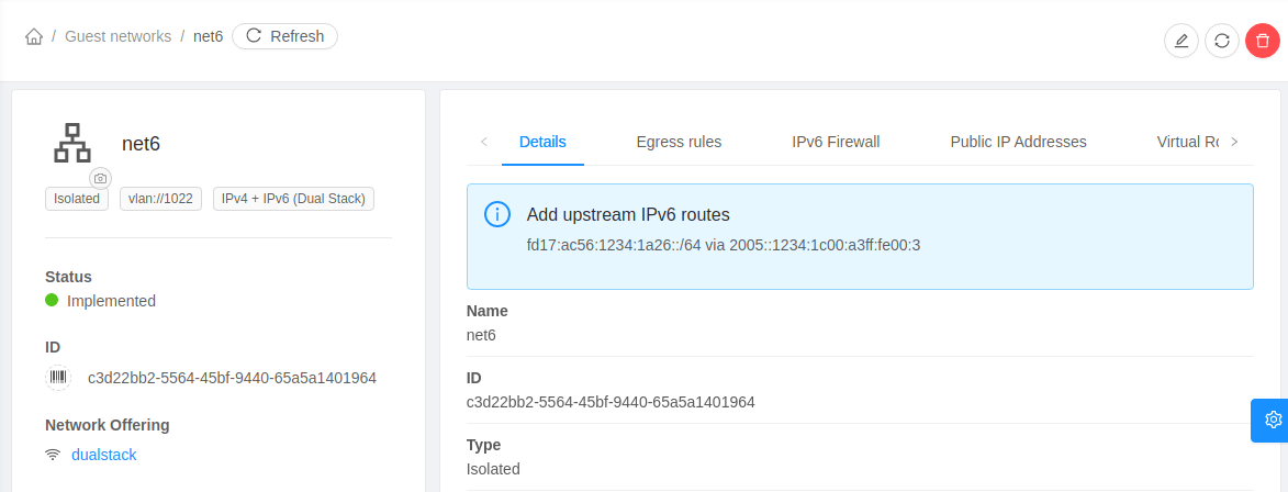 CloudStack guest network details page for a network named net6 tagged Isolated, vlan colon slash slash 1022 and IPv4 plus IPv6 Dual Stack, with an information panel reading Add upstream IPv6 routes followed by a prefix and a via address.