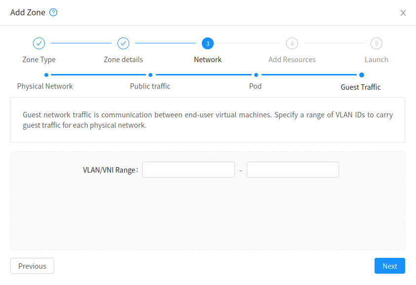 CloudStack Add Zone wizard on the Guest Traffic step showing a single VLAN slash VNI Range field with a start and end input, and explanatory text about specifying a range of VLAN IDs to carry guest traffic.