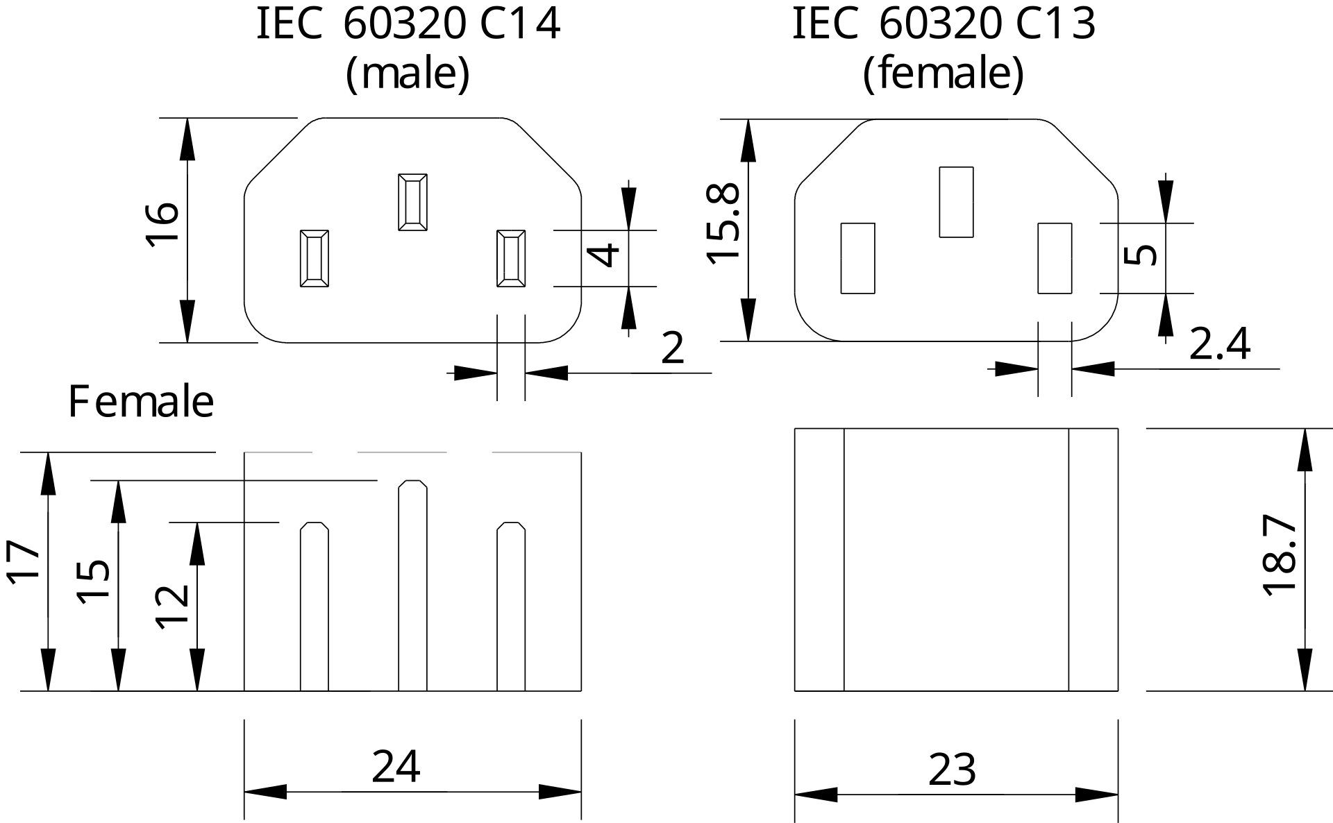 Technical drawing of an IEC 60320 C13 socket and C14 plug showing their dimensions and pin arrangements.