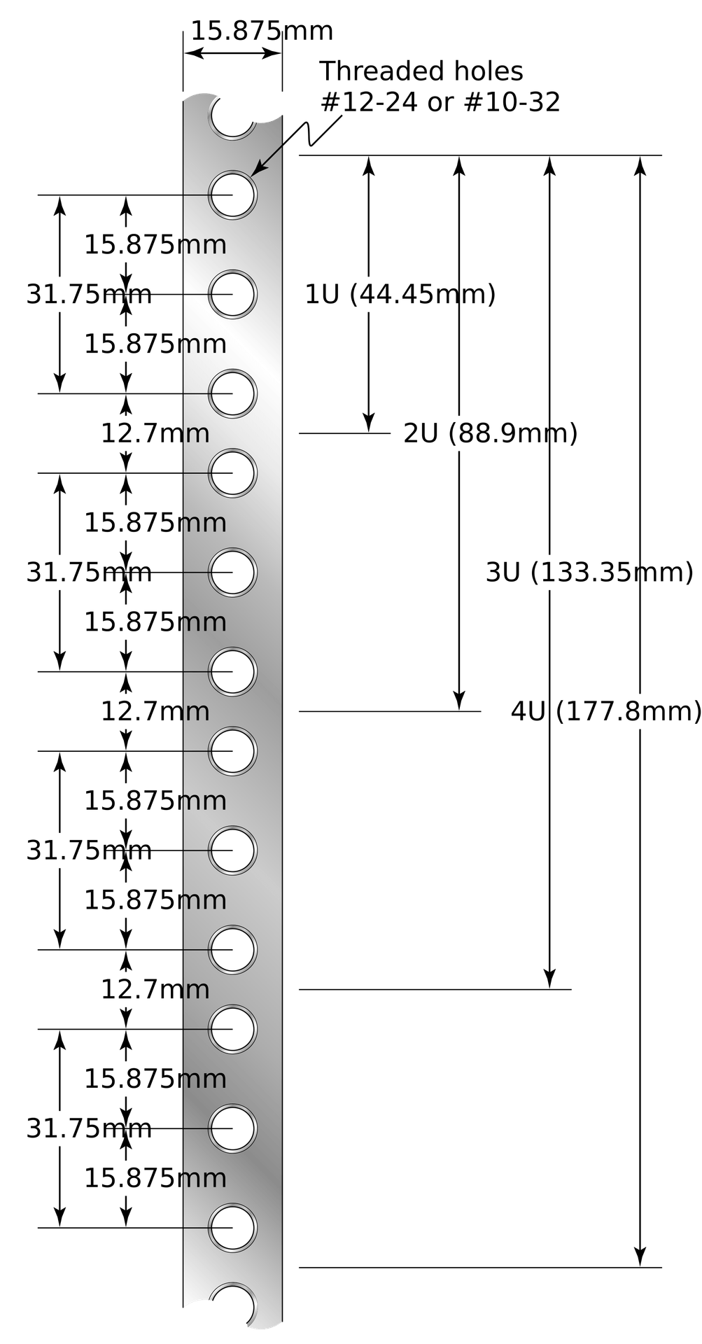 Engineering drawing of a 19 inch rack mounting rail showing threaded holes, hole spacing of 15.875 mm and 12.7 mm, and bracket dimensions for 1U at 44.45 mm, 2U at 88.9 mm, 3U at 133.35 mm, and 4U at 177.8 mm.