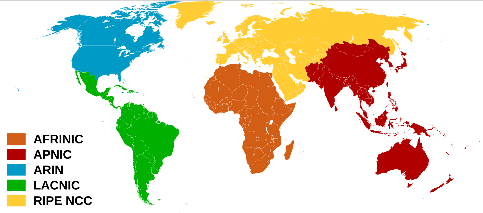 World map coloured by Regional Internet Registry service region, showing AFRINIC covering Africa, RIPE NCC covering Europe and the Middle East, ARIN covering North America, LACNIC covering Latin America, and APNIC covering Asia Pacific.