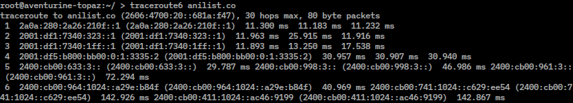 A traceroute command output showing numbered hops with hostnames, IP addresses, and round trip times in milliseconds.